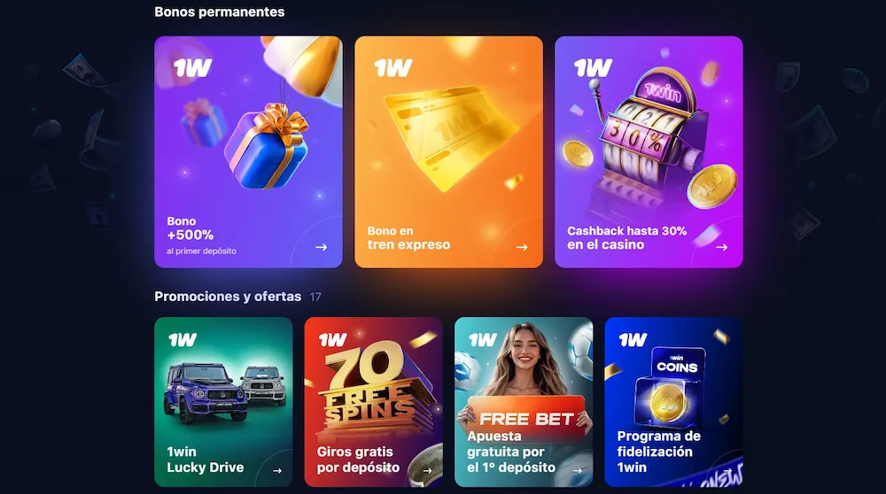 Imagen de ofertas de 1win con bonificaciones y premios